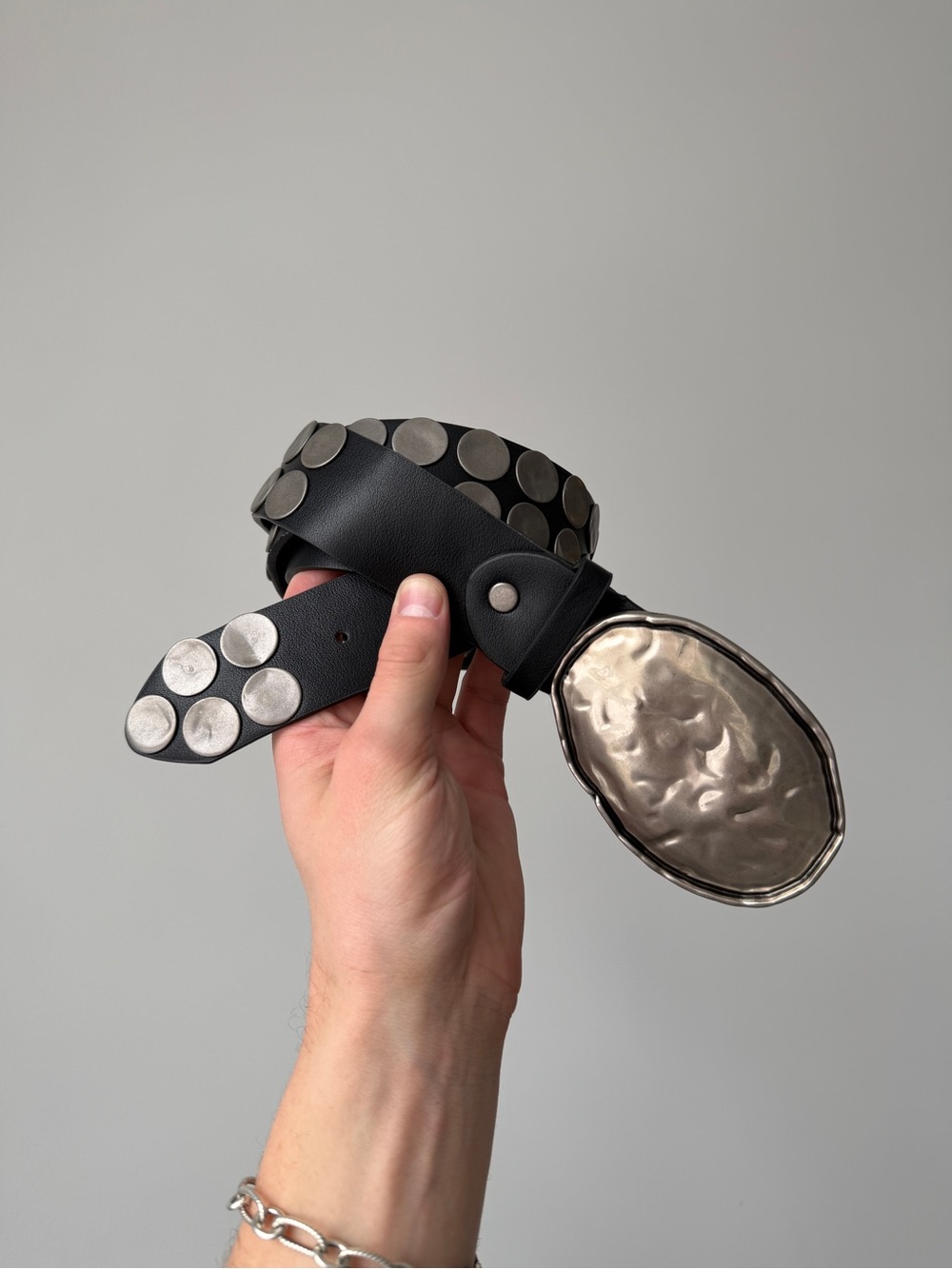 Black Stud-Embellished Leather Belt with Silver Hammered Oval Buckle